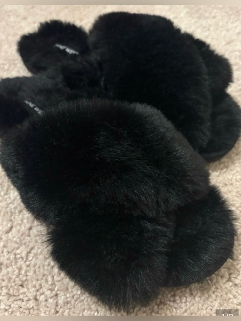 Nine West Black Plush Black Faux-Fur Slide Sandals